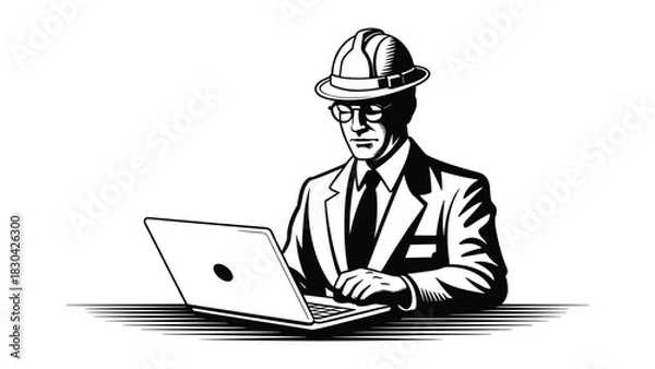 Fototapeta Professional engineer wearing a hard hat and suit diligently working on a laptop computer at a desk in a black and white illustration