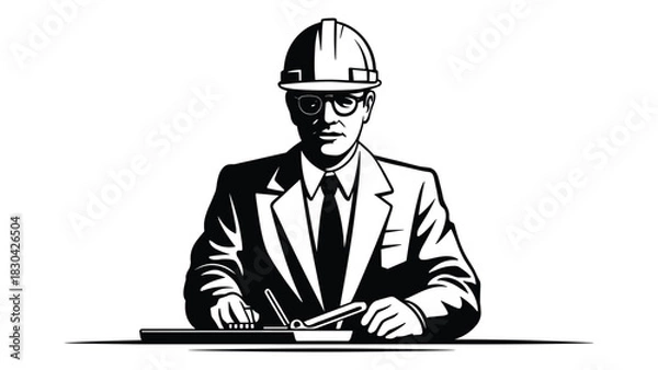 Fototapeta Professional architect or engineer wearing a hard hat and suit sitting at a desk with blueprints and tools in a vintage illustration style