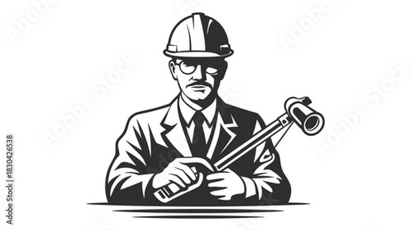 Fototapeta Vintage style illustration of a serious man in a hard hat and suit holding a gavel symbolizing authority and construction
