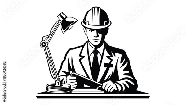Fototapeta Professional architect or engineer wearing a hard hat and suit sitting at a desk with a blueprint and drafting tools under a desk lamp