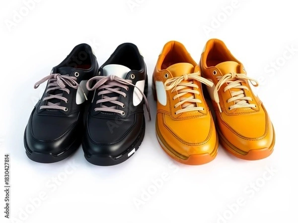 Fototapeta Pair of identical, contrasting shoes on white background,  style,  unique