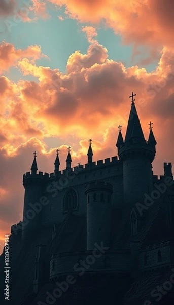Fototapeta Shadow-drenched gothic fortress with jagged turrets piercing a bruised sky,  ominous,  abandoned