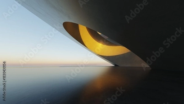 Fototapeta Abstract curved architecture background, Empty exterior space with concrete floor, Futuristic modern building for car presentation backdrop, 3d rendering