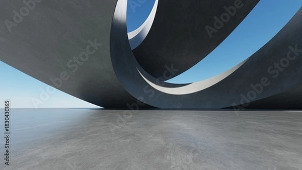 Obraz Abstract curved architecture background, Empty exterior space with concrete floor, Futuristic modern building for car presentation backdrop, 3d rendering