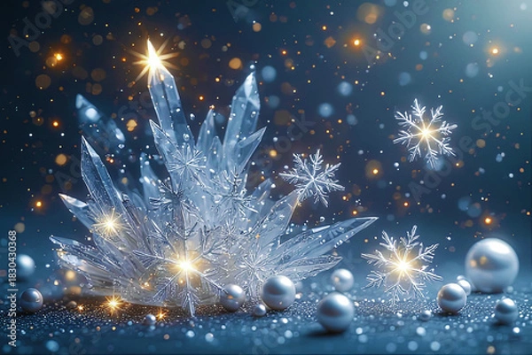 Fototapeta Shimmering crystal snowflakes and glowing winter decorations on a dark festive background with sparkling bokeh lights and magical frosty atmosphere