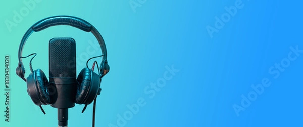 Fototapeta audio recording banner with headphones, microphone and copy space