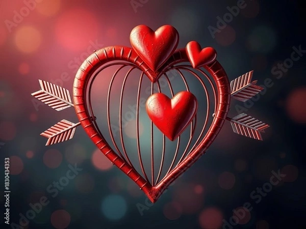 Fototapeta Hearts in love with arrows and an infinity symbol, with one heart in a cage,  arrows,  art