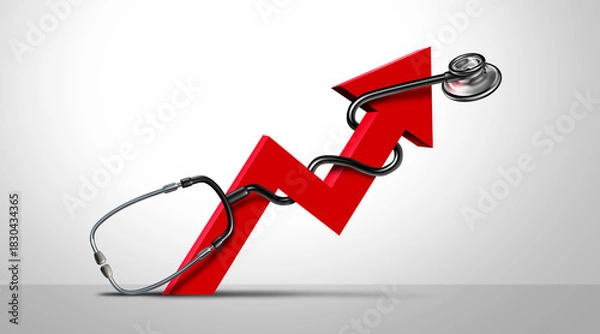 Obraz Rising Healthcare costs and higher health care prices as increase in medication and prescription medications or unaffordable hospital bills represented by a Doctor stethoscope and upward arrow.