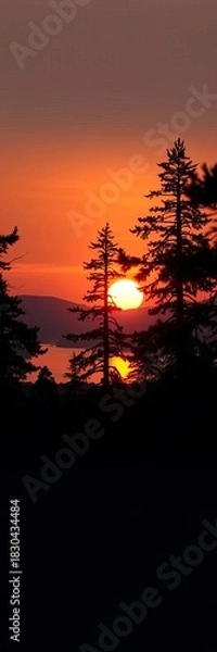 Fototapeta Silhouetted trees frame a breathtaking panoramic sunset over a serene lake,  sky,  atmospheric