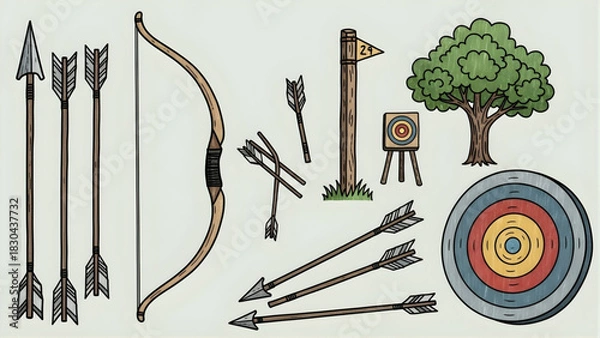 Obraz Archery Game Vector Illustration Bows, Arrows & Targets
