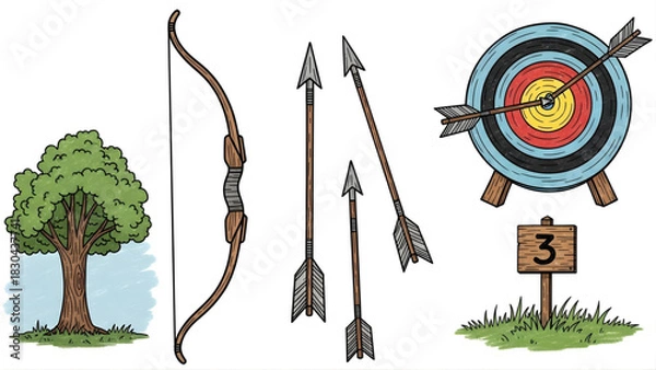 Obraz Colorful hand-drawn collection of classic archery equipment elements, featuring a longbow, arrows, and a bullseye target, ideal for illustrating the popular outdoor sport and hobby