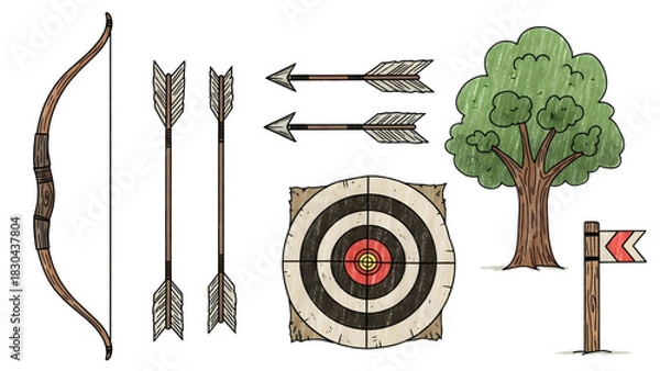 Obraz Set of archery and outdoor elements including a bow, arrows, target, tree, and directional sign