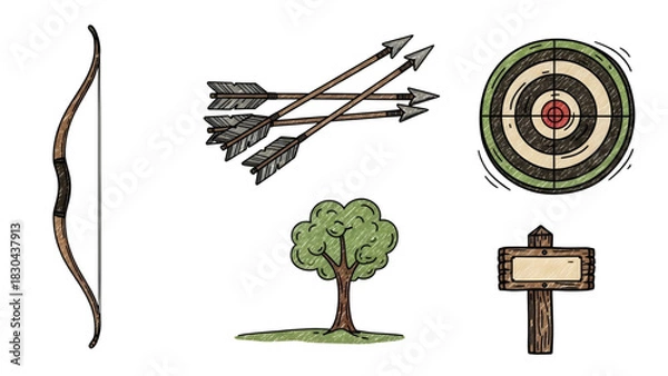 Obraz Archery Icons Bow, Arrows, Target, Tree, and Signboard Illustrations for Outdoors and Recreation