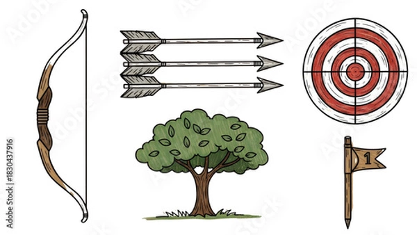 Obraz Archery equipment and target, drawing of a tree and a flag with number one, a collection of illustrated items for sport and nature