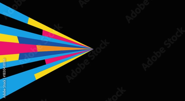 Obraz Vibrant geometric shapes in a dynamic burst of color radiate from a central point, creating an energetic abstract design against a stark black background.