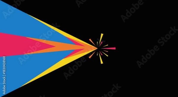 Obraz A vibrant abstract design features a dynamic convergence of colorful geometric shapes, creating an energetic burst effect against a deep black background.