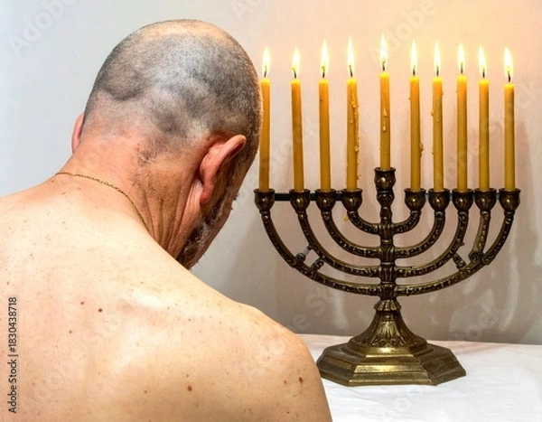 Fototapeta A man observing the nine lit candles of a menorah during a solemn religious moment of peace and