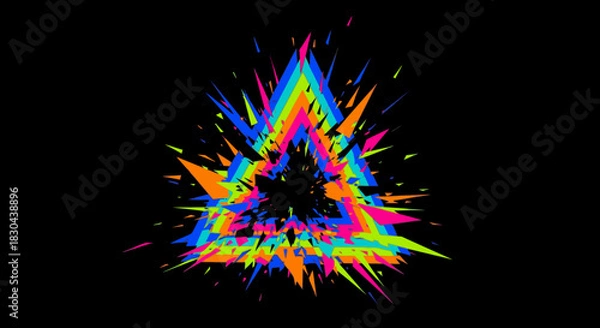 Obraz A dynamic and vibrant abstract triangle bursts with a colorful glitch effect, creating an energetic and modern digital art piece on a stark black background.