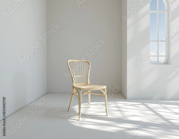 Obraz A single, skeletal chair of polished bone and woven starlight stands sentinel in an infinite, chalk white room, Ethereal lightwave spills, high angle, through an unseen window