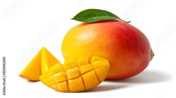 Obraz Ripe mango fruit with slices on white background