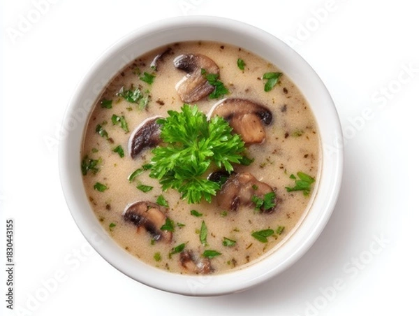 Fototapeta Mushroom soup in a bowl isolated on a white background, top view