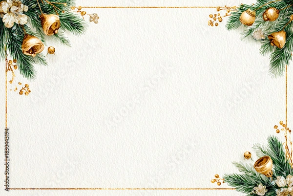 Fototapeta Elegant Christmas frame with gold bells and festive greenery on white background