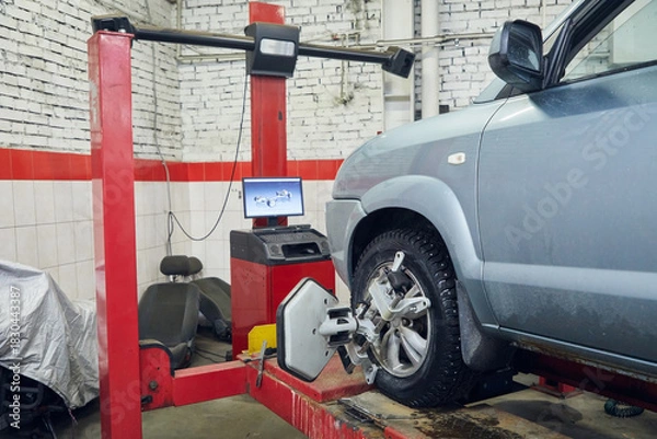 Fototapeta Car service: wheel alignment