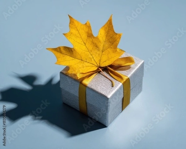 Fototapeta Gift Box With Golden Ribbon And Yellow Maple Leaf