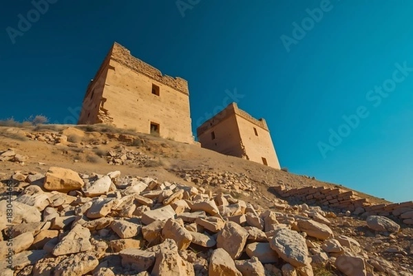 Obraz Ancient stone towers on a rocky desert hill under a clear blue sky