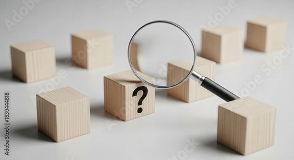 Obraz Identify Root Causes – Minimalist wooden block concept with magnifying glass and question mark sign