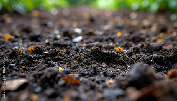 Fototapeta Close up of dark, fertile soil with small leaves scattered on the surface, blurred green foliage in the background.