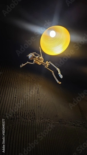 Obraz A low-angle shot of a replica skeleton suspended beneath a bright yellow conical lamp, amidst the dark atmosphere of a vertically grooved wall, creates a strange and intriguing feeling.
