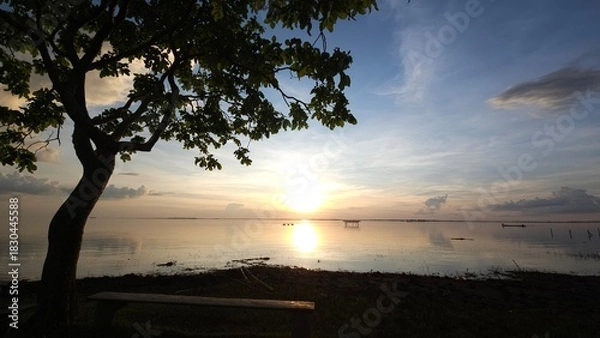 Obraz A beautiful sunset view over a vast expanse of water, with the shadows of trees and a bench on the lower left contrasting beautifully with the bright golden orange light and soft blue sky.
