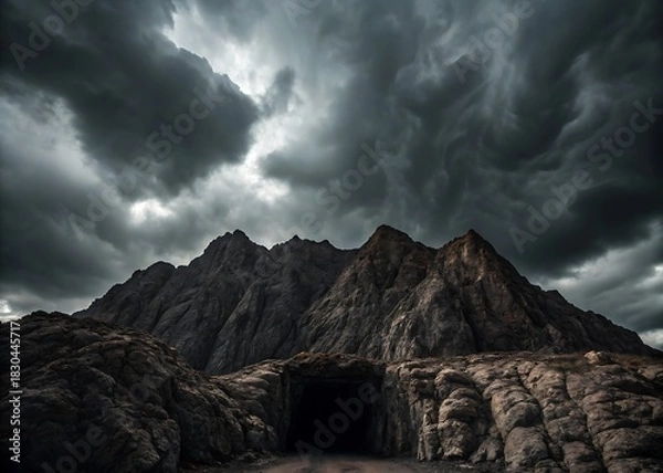 Obraz Dramatic mountain landscape with dark stormy clouds and cave entrance