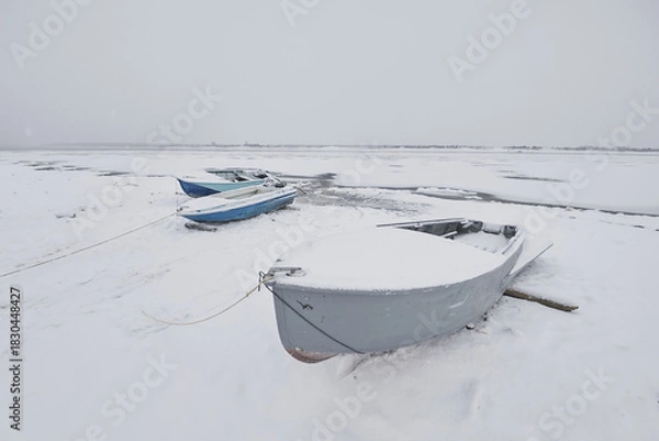 Fototapeta Motorboats in winter under the snow on the river bank in the fog