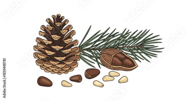 Obraz Detailed illustration of a pine cone, a branch with needles, and various pine nuts, including shelled and unshelled, on a white background.