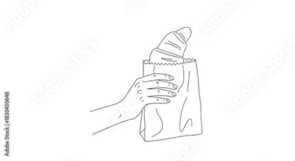 Obraz Hand holding a paper bag with a freshly baked croissant, representing a quick breakfast or a bakery takeaway in a simple line art style.