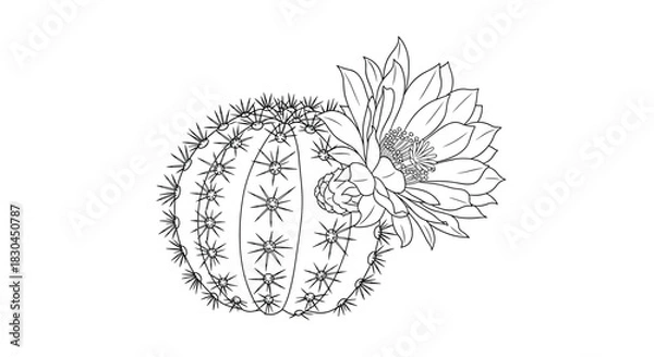 Fototapeta A detailed black and white line art illustration featuring a round, spiny cactus with a beautiful blooming flower and a small bud.