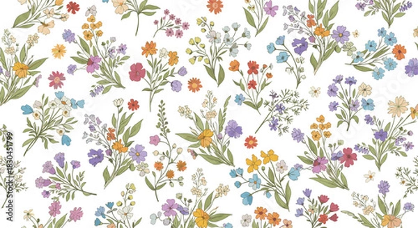 Obraz Delicate and vibrant seamless pattern of scattered colorful wildflowers and green foliage on a white background, evoking a fresh spring meadow.