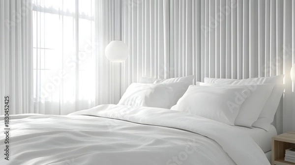 Obraz Luxurious bedroom interior features soft white bedding against a vertically paneled headboard wall