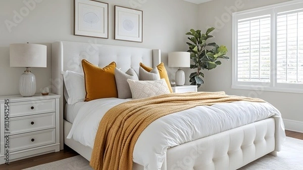 Obraz Serene bedroom interior features bright white bedding accented with rich gold textiles