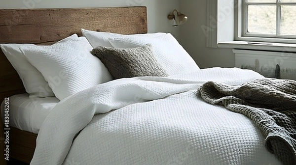 Obraz Inviting bedroom setup features crisp white bedding against a rustic wooden headboard