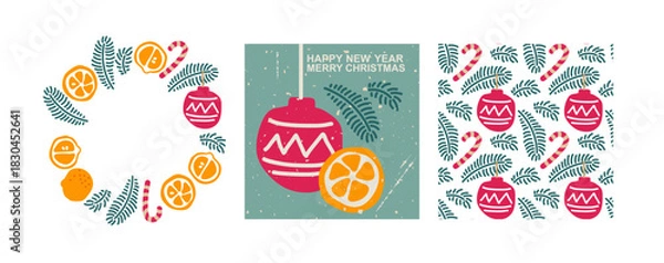 Fototapeta Festive designs with oranges, orange slices, spruce branches, candy canes. Christmas Seamless pattern, round frame, card. Hand drawn Doodle vector illustration with for holiday cards, winter designs.