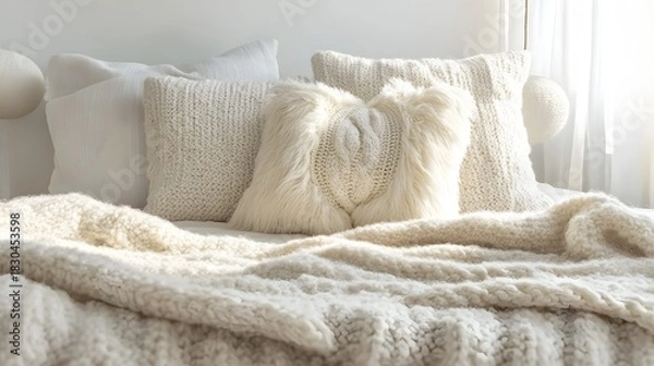 Obraz Cozy assortment of textured white pillows and chunky knit throw blankets rests upon a bed bathed in soft natural light.