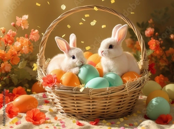 Fototapeta Adorable Easter basket overflowing with giant hand-painted eggs in soft orange, pale mint, and creamy white, surrounded by two fluffy white bunnies with innocent expressions, vibrant orange-red blosso