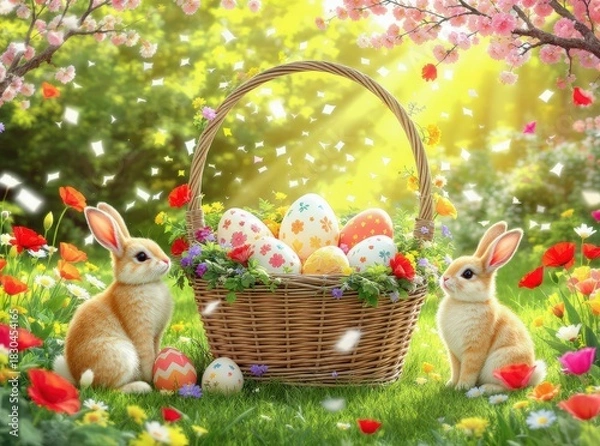 Fototapeta Adorable Easter basket overflowing with giant hand-painted eggs in soft orange, pale mint, and creamy white, surrounded by two fluffy white bunnies with innocent expressions, vibrant orange-red blosso