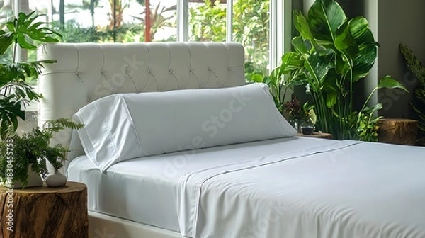 Obraz Crisp white bedding adorns a comfortable bed surrounded by abundant natural greenery near a bright window.