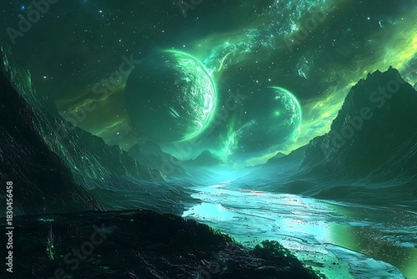 Obraz Enchanted cosmic scenery with floating twin planets high resolution picture