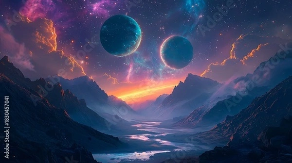 Obraz Ethereal galactic sky casting light on valley high resolution picture