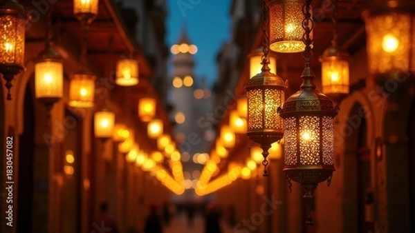 Fototapeta Row of colorful glowing arabic lanterns hanging above traditional souk alley with people walking under festive string lights, concept of ramadan kareem, eid mubarak, middle eastern tourism